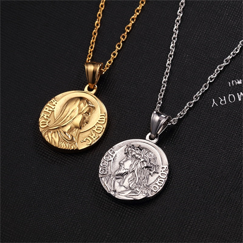 Jesus and Virgin Mary Coin Necklace Palmetto Reina